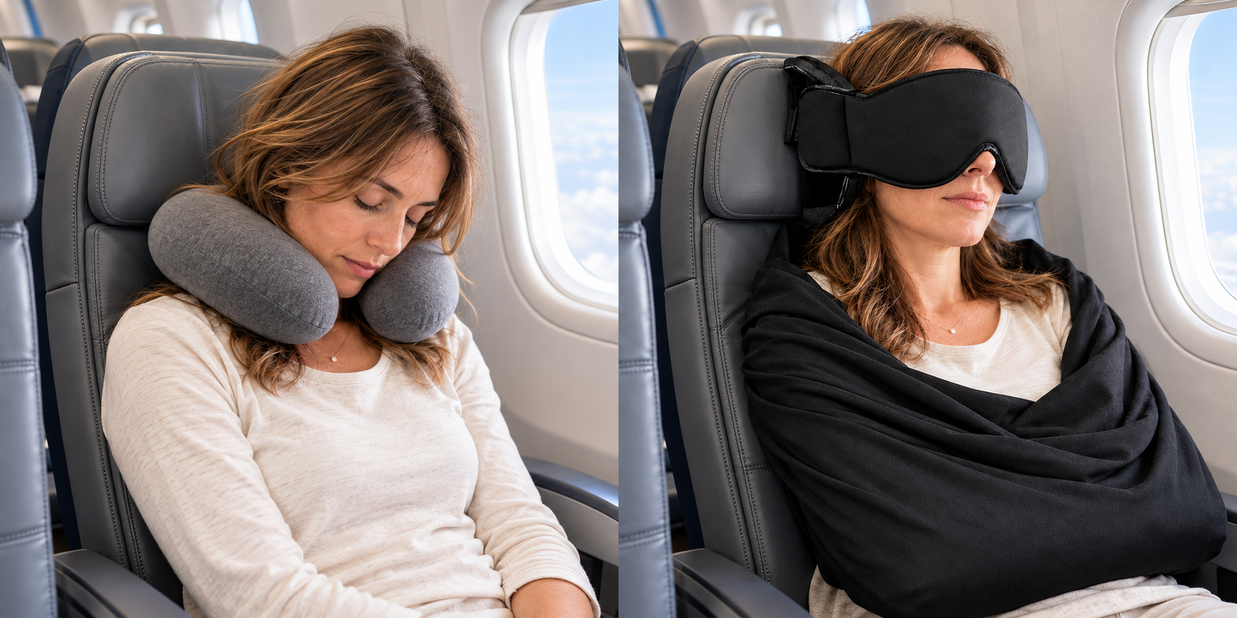 Illustrative comparison of the same traveler in an economy seat: head tipped forward with a gray neck pillow on the left, and resting against the headrest with Napclass head support, eye mask and shoulder-supported arm wrap on the right.