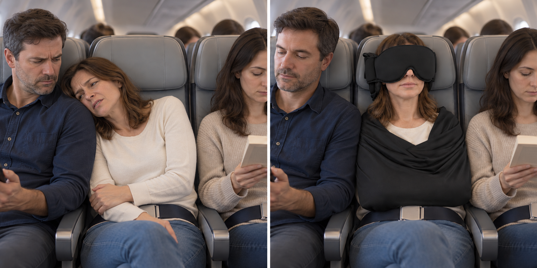 Illustrative middle-seat comparison: on the left a woman is awkwardly slumped against a stranger, both visibly uncomfortable and the stranger looking disturbed; on the right the same traveler rests upright with the black Napclass eye mask, head support, and arm wrap draped over both shoulders.