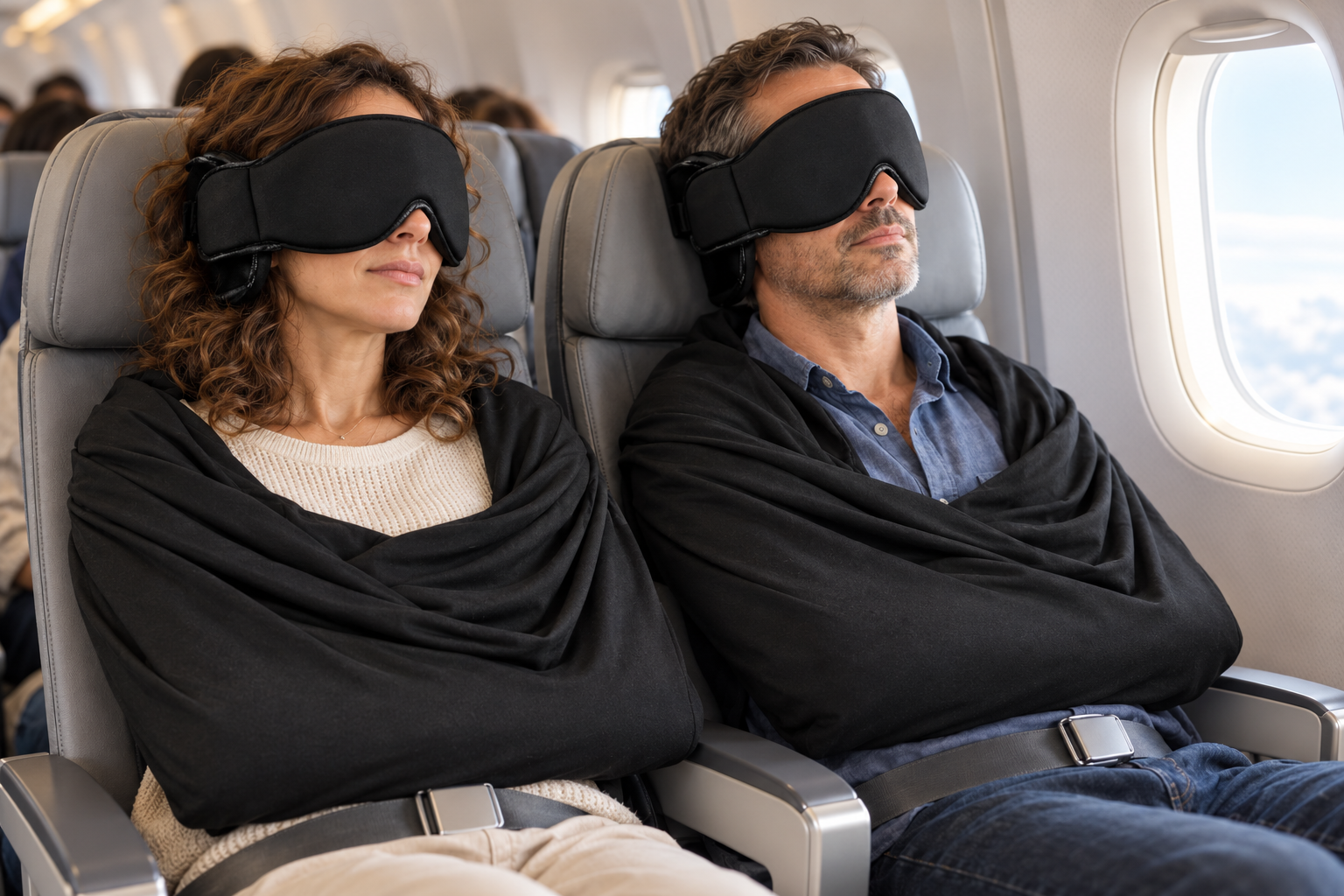 Illustrative travel scene: two adult travel partners rest side by side in airplane seats, each wearing their own black Napclass eye mask, head support, and soft arm wrap over both shoulders.