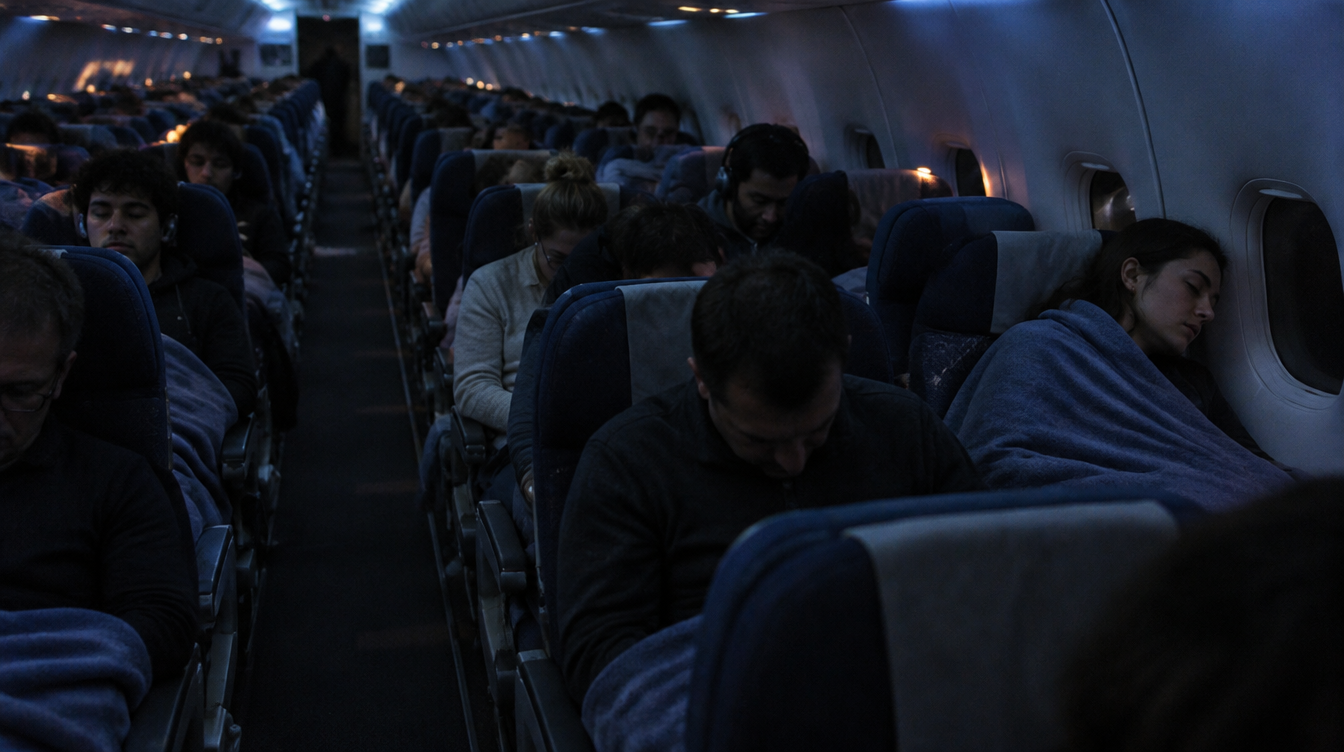 A dim economy cabin at night, passengers sitting upright with heads slumped forward and sideways