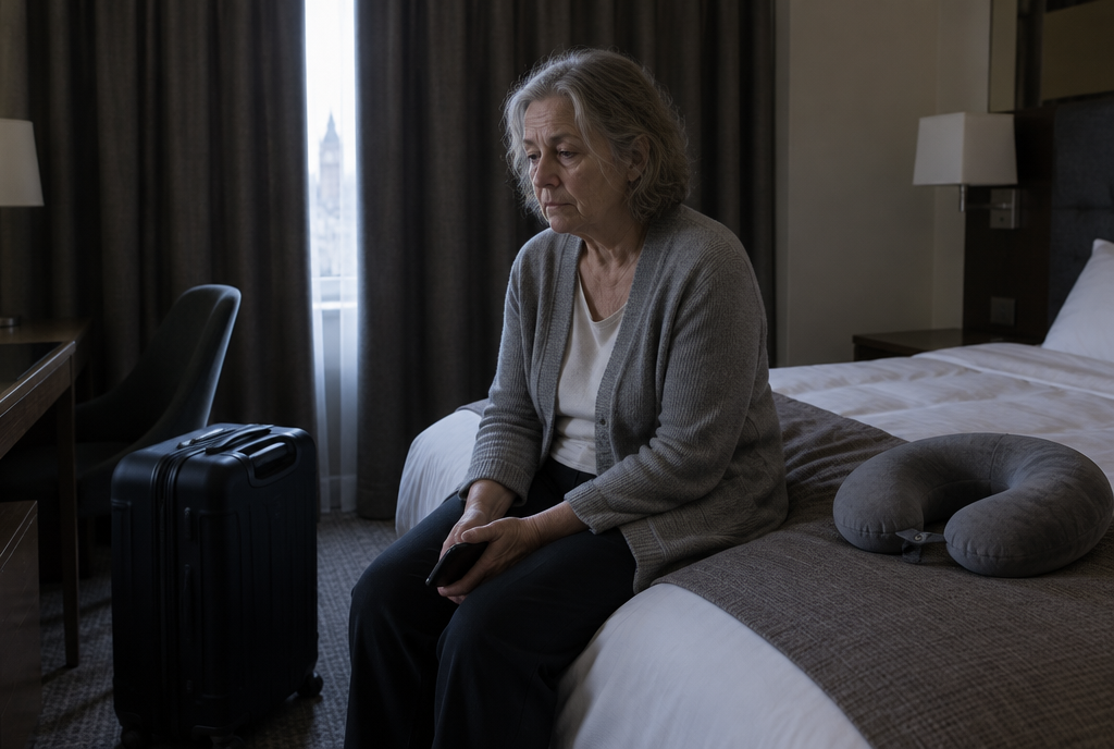 An exhausted older woman sitting on the edge of a hotel bed with the curtains drawn, phone in her lap