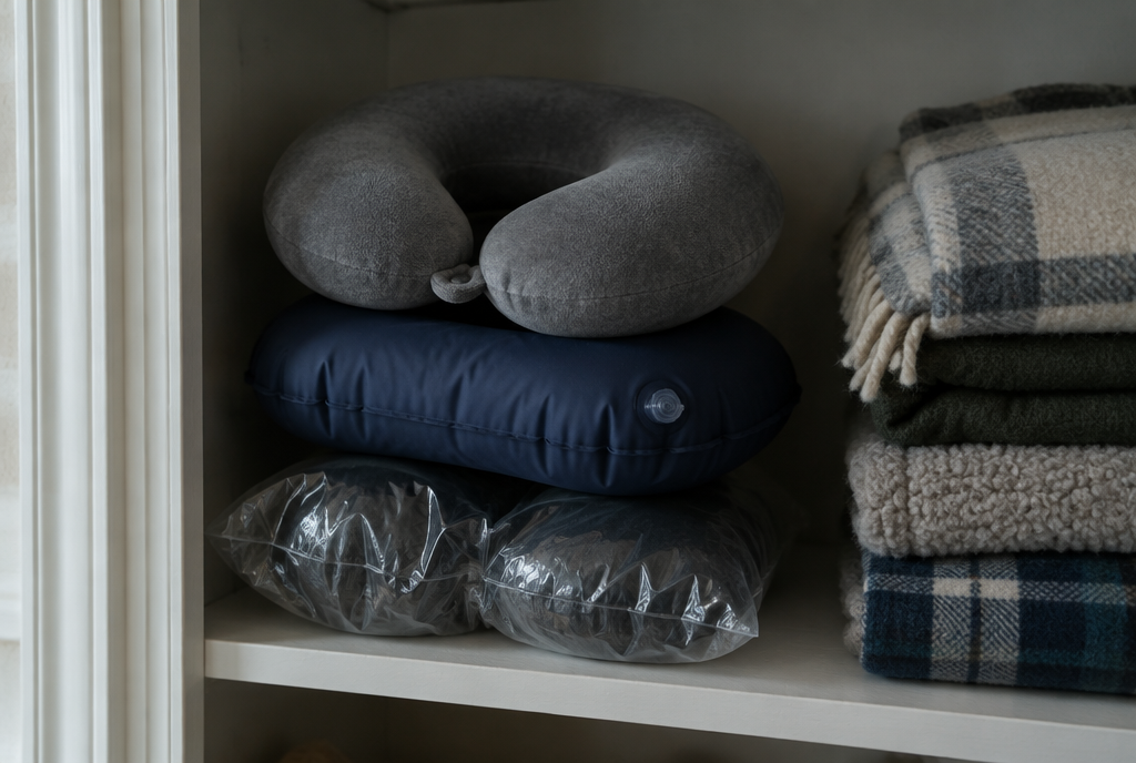 A closet shelf with three different travel neck pillows, one still in its packaging