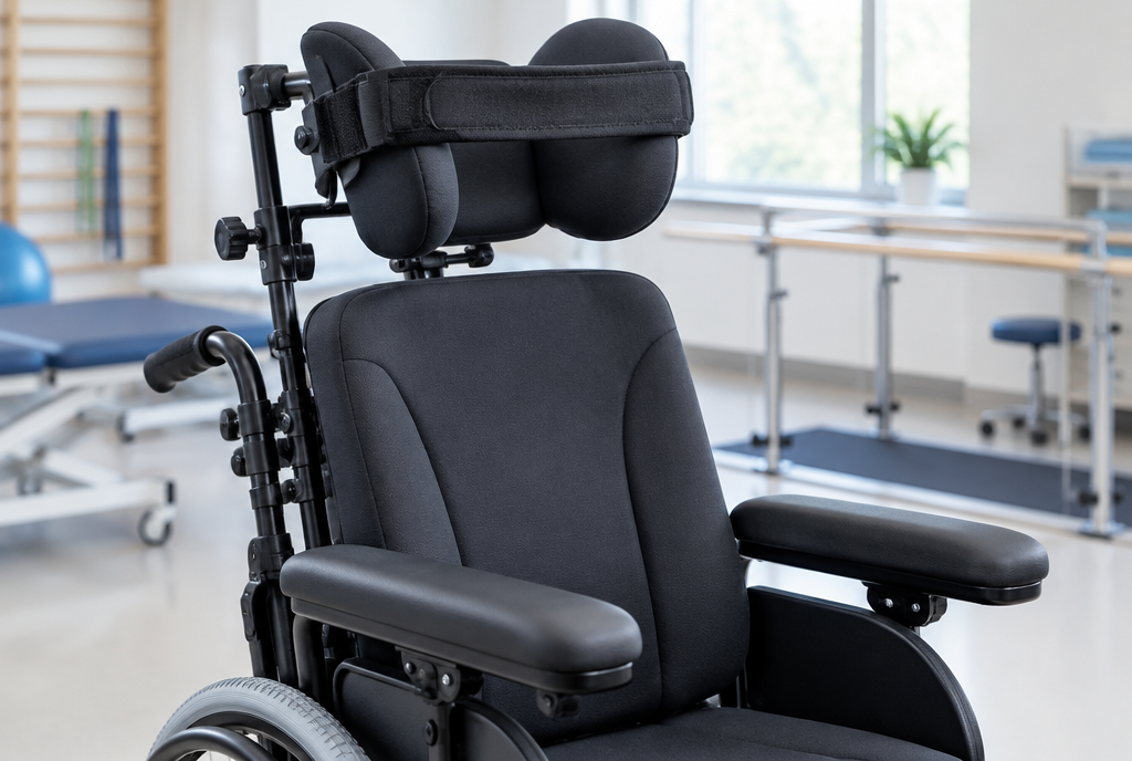 A rehabilitation wheelchair with a padded head support and soft forehead strap mounted to the chair frame