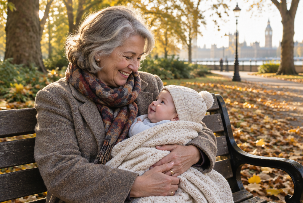 A smiling grandmother on a London park bench in autumn, holding a baby wrapped in a blanket