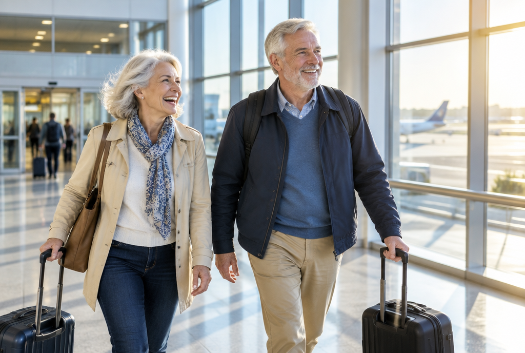A smiling older couple walking out of an airport arrivals hall in morning sunlight with a carry-on