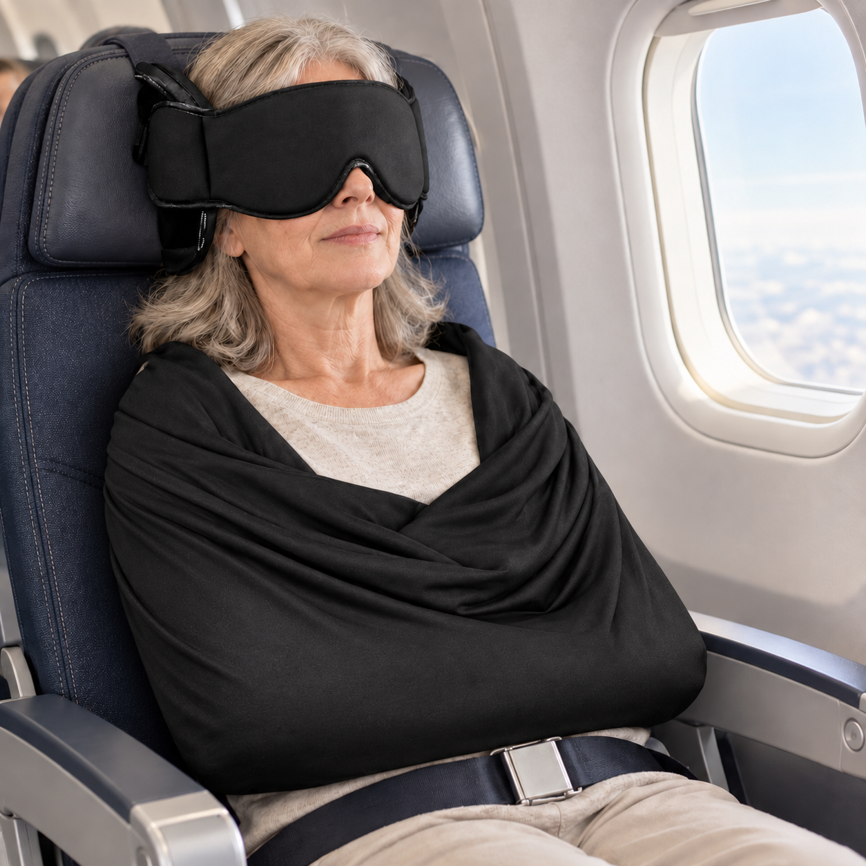 Illustrative product-use scene: an older traveler rests in an economy airplane seat wearing the black Napclass eye mask, head support attached to the headrest, and arm wrap draped over both shoulders to support her forearms.
